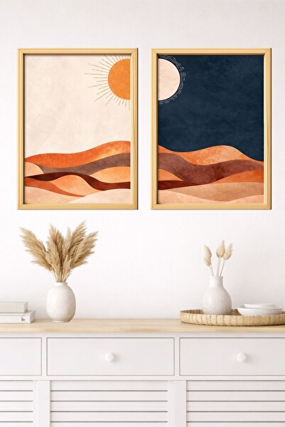 Dekor Özelstudio Modern Güneş ve Ay Soyut Manzara MDF Tablo Seti – İkili Deko...