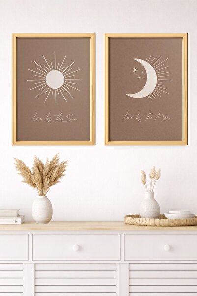Dekor Modern Güneş ve Ay Soyut Manzara MDF Tablo Seti – İkili Dekoratif Duvar...