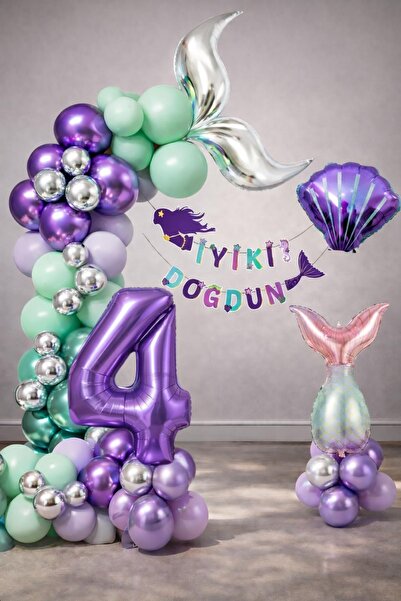 Patladı Gitti Mermaid Themed 4Th Birthday Balloon Decoration Set – Purple Lil...