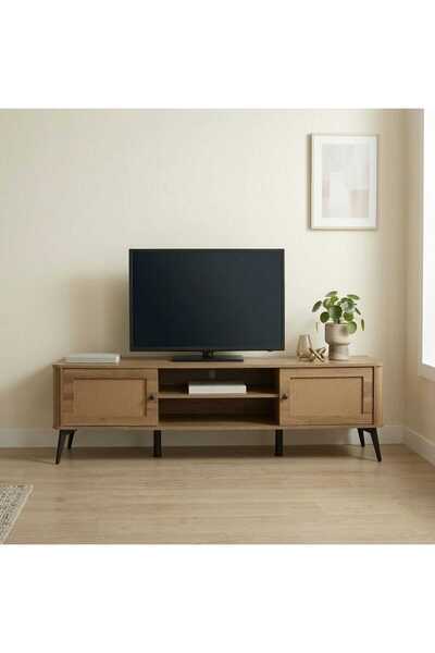 Arnohome طاولة تلفاز حديثة تنسج الخشب والخيزران الطبيعي مع المعدن في لوحة أني...