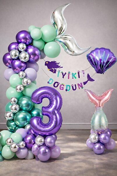 Patladı Gitti Mermaid Themed 3Rd Birthday Balloon Decoration Set – Purple Lil...