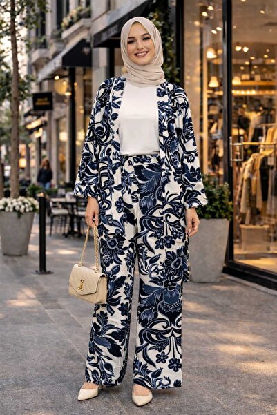 forte bella Patterned Alt-Üst Trend Hijab Kimono Set