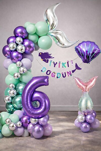 Patladı Gitti Mermaid Themed 6Th Birthday Balloon Decoration Set – Purple Lil...