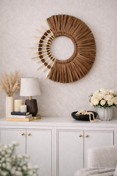 BOHEM Doğal Hasır Duvar Dekoru El Yapımı Şık Tasarım 42 cm Modern Salon Antre...