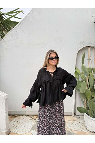 Cardella Floss Viscose Draped Ruffled Oversize Women's Shirt Blouse