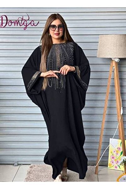 domiga Loose Black Crepe Jalabiya with Luxurious Crystal Details