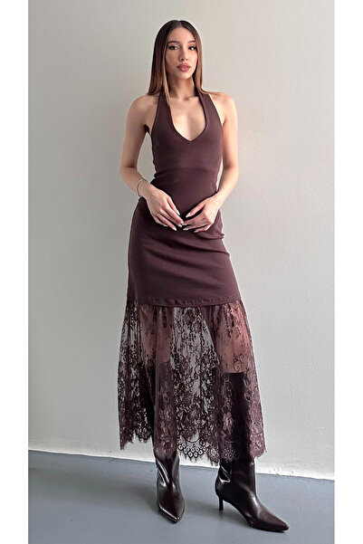 EEES KADIN HALTER YAKA DANTEL ETEKLİ ŞIK ELBİSE