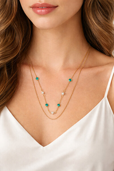 Takıtolia Viluz Evil Eye Bead and Pearl Stone Double Gold Color Stainless Ste...