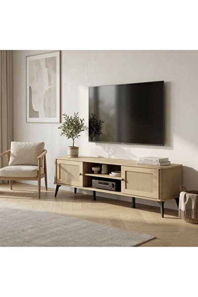 Arnohome Modern rustic style wooden TV stand with fabric doors and black meta...