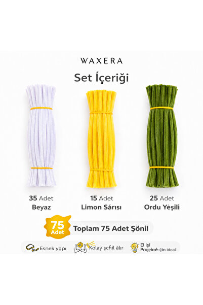 WAXERA Papatya Çiçeği Yapım Şönil Seti 75Adet–Beyaz Limon Sarısı ve Ordu Yeşi...