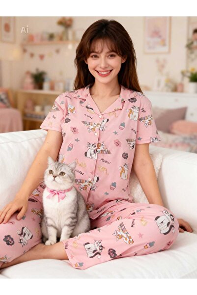 NiCe İç Giyim Pink Color Cute Cat Pattern Shirt Collar Buttons Milan Fabric S...