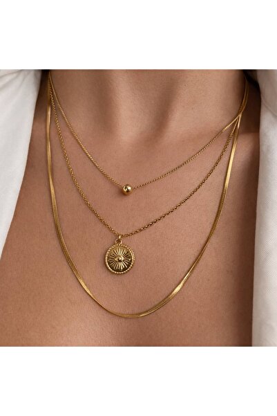 nerora Sun Medallion Snake Italian Chain Multiple Steel Necklace