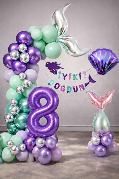 Patladı Gitti Mermaid Themed 8Th Birthday Balloon Decoration Set – Purple Lil...