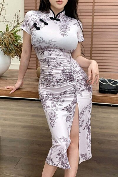 ARS Butik Beyaz Qipao Vintage Floral Baskılı Düğme Yaka Detay Y2K Elbise