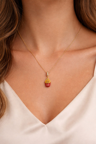 Takıtolia Vefries French Fries Figured Gold Color Stainless Steel Gold Necklace