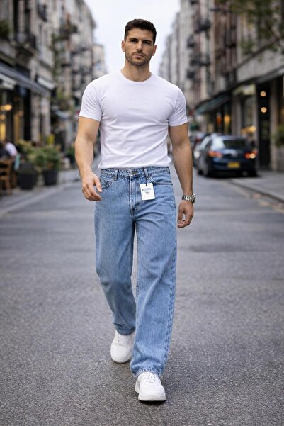 Fashion İstanbul Men's Light Blue Baggy Jean Trousers Comfortable Fit Wide Le...