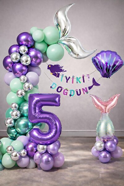 Patladı Gitti Mermaid Themed 5Th Birthday Balloon Decoration Set – Purple Lil...