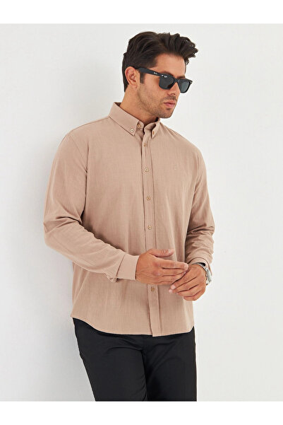 Tam12den Home Men's Zend Club Regular Fit Summer Linen Shirt Milky Coffee