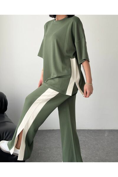 02Lady Fashion Modal Fabric Tracksuit Suit with Slit and Garnish