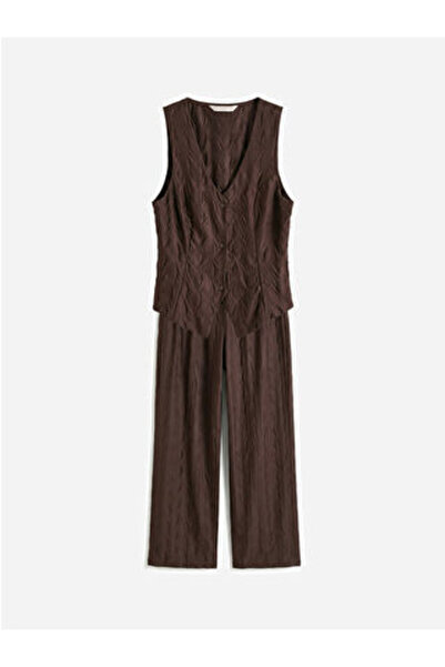 LC Waikiki M1 Sezon Brown V-Neck Textured Women's Pajama Set