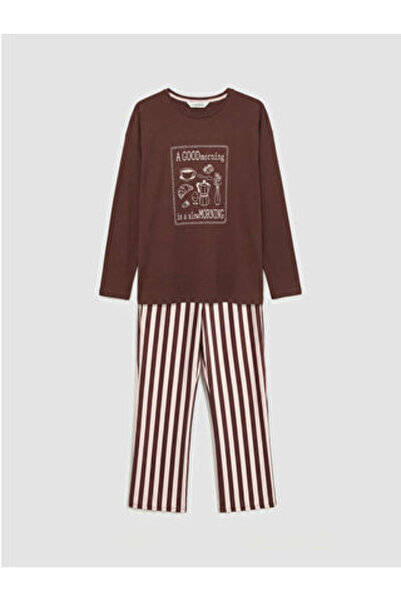 LC Waikiki M1 Sezon Pink Crew Neck Printed Women's Pajama Set