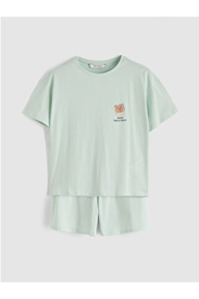 LC Waikiki M1 Sezon Turquoise Crew Neck Printed Women's Shorts Pajama Set