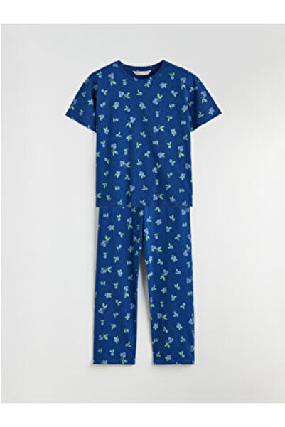 LC Waikiki M1 Sezon Blue Crew Neck Cherry Printed Women's Pajama Set
