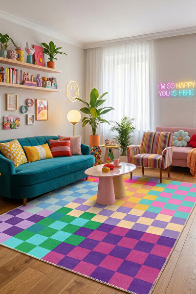 AIDA HOME Mosaica Modern Şönil Doğal Pamuk Tabanlı Salon Halısı Kaymaz Yıkana...