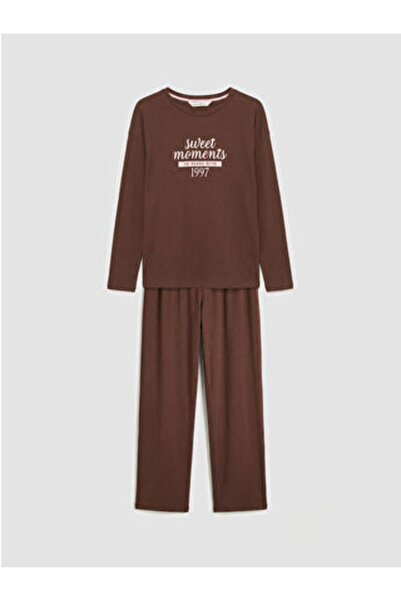 LC Waikiki M1 Sezon Brown Crew Neck Printed Women's Pajama Set