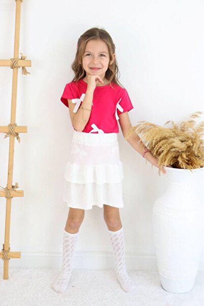 sinmm Girl's Ribbon Detailed T-Shirt-Skirt Double Set (White Skirt-Pink Top)