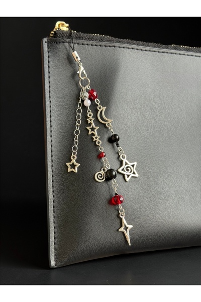 WhimsyWhite حلية هاتف مزينة بتفاصيل النجمة والقمر - حزام هاتف حلزوني حلزوني ب...