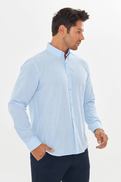 Tam12den Home Men's Zend Club Regular Fit Summer Linen Shirt Light Blue