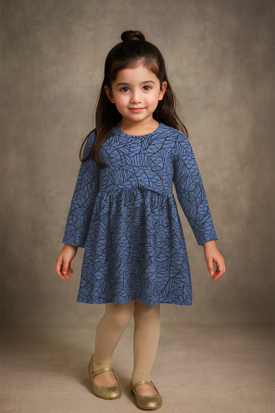 FOR GIRLS Girls' Long Sleeve Leaf Print Casual Dress - Blue