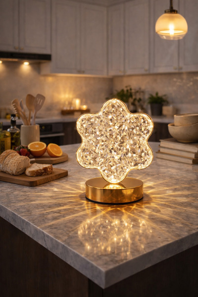 newar Çiçek Model Kristal LED Masa Lambası Dokunmatik 3 Renk Işık Modlu Şarjl...