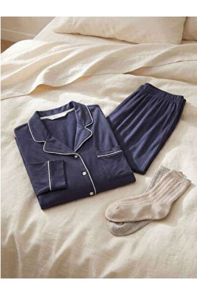 LC Waikiki M1 Sezon Indigo g Shirt Collar Women's Pajama Set