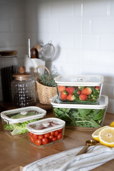 Dekorzdükkan Purefresh 4-Piece Cream Leak-Proof Vacuum Lid Glass Storage Cont...