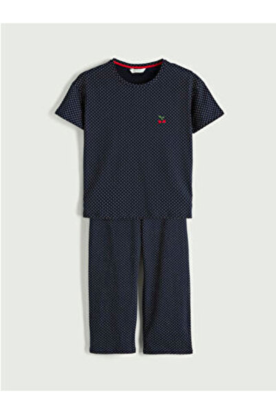 LC Waikiki M1 Sezon Navy Blue Crew Neck Cherry Embroidered Women's Pajama Set