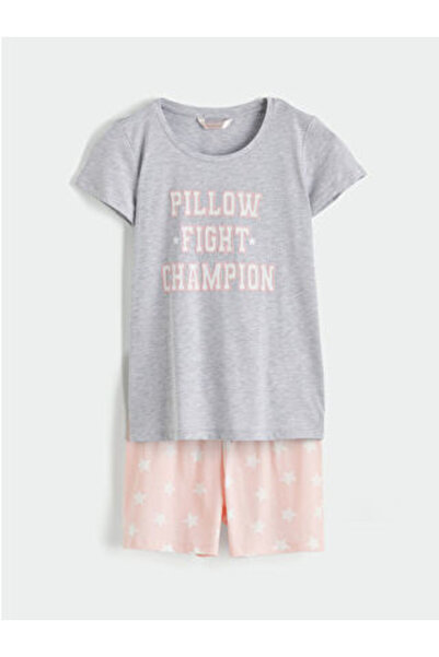 LC Waikiki M1 Sezon Pink Crew Neck Printed Women's Shorts Pajama Set