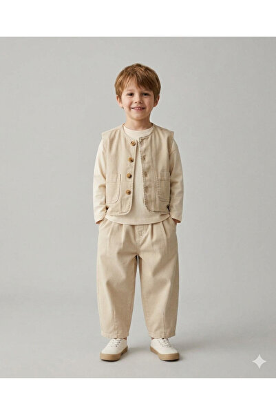 Motebarn Wear Erkek Çocuk Krem 3'lü Takım - Düğmeli Yelek, Uzun Kollu Tişört ...