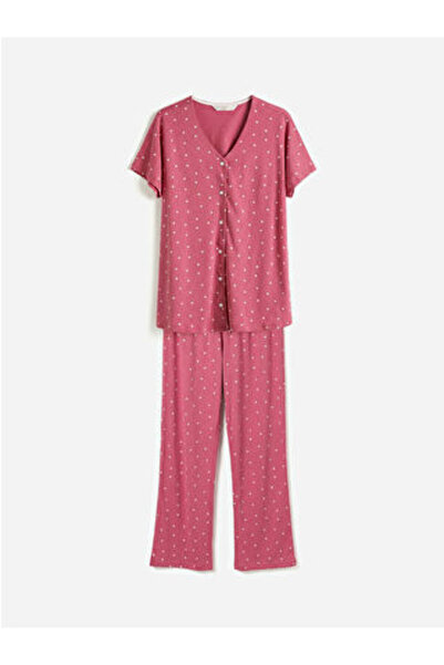 LC Waikiki M1 Sezon Pink V-Neck Patterned Maternity Pajama Set