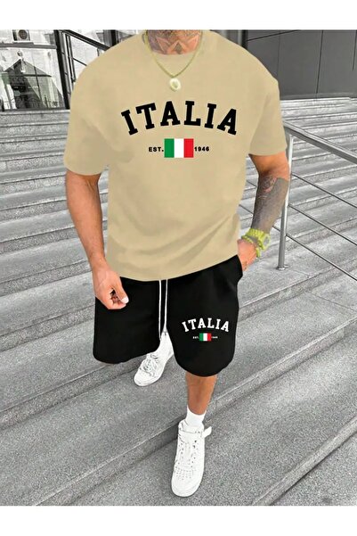puolikuu Men's Oversized Tracksuit with Shorts - Italy Est Printed T-Shirt - ...