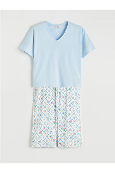 LC Waikiki M1 Sezon Ecru V-Neck Patterned Women's Capri Pajama Set