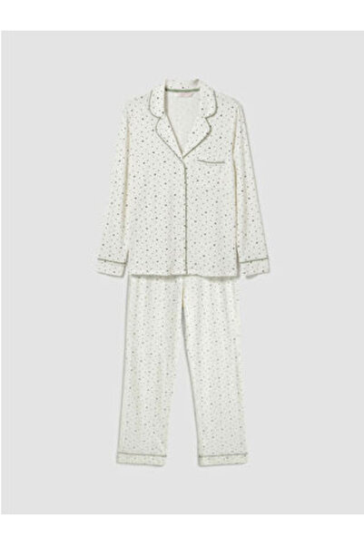 LC Waikiki M1 Sezon Ecru Shirt Collar Floral Women's Pajama Set