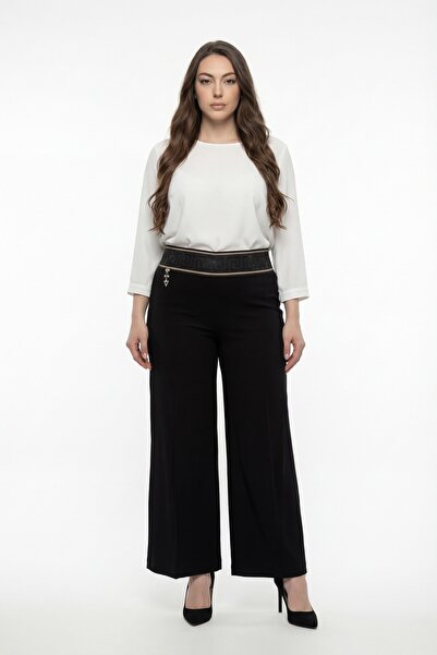 EXİTLİNE Women's Black Summer Trousers with Ribbed Stone Accessories and Pipe...