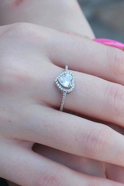 cleovibe Silver Color Zircon Stone Heart Model Charm Brass Women's Ring