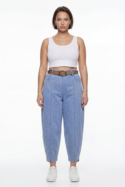 EXİTLİNE بنطلون نسائي صيفي من قماش الإنديجو بخصر مطاطي K حزام مع إكسسوارات من...