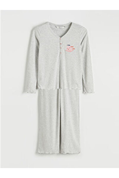 LC Waikiki M1 Sezon Gray V-Neck Embroidered Women's Pajama Set