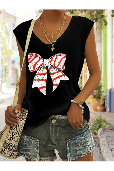 Deocept Γυναικεία μπλούζα με κορδέλα με τύπωμα με λαιμόκοψη V, αμάνικη, κανον...