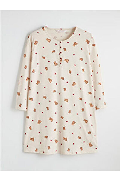 LC Waikiki M1 Sezon Beige Crew Neck Bear Teddy Patterned Maternity Nightgown