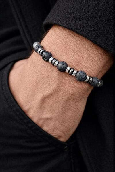 Atölye Olcay Eser سوار رجالي من حجر الحمم البركانية والهيماتيت الطبيعي - سوار...